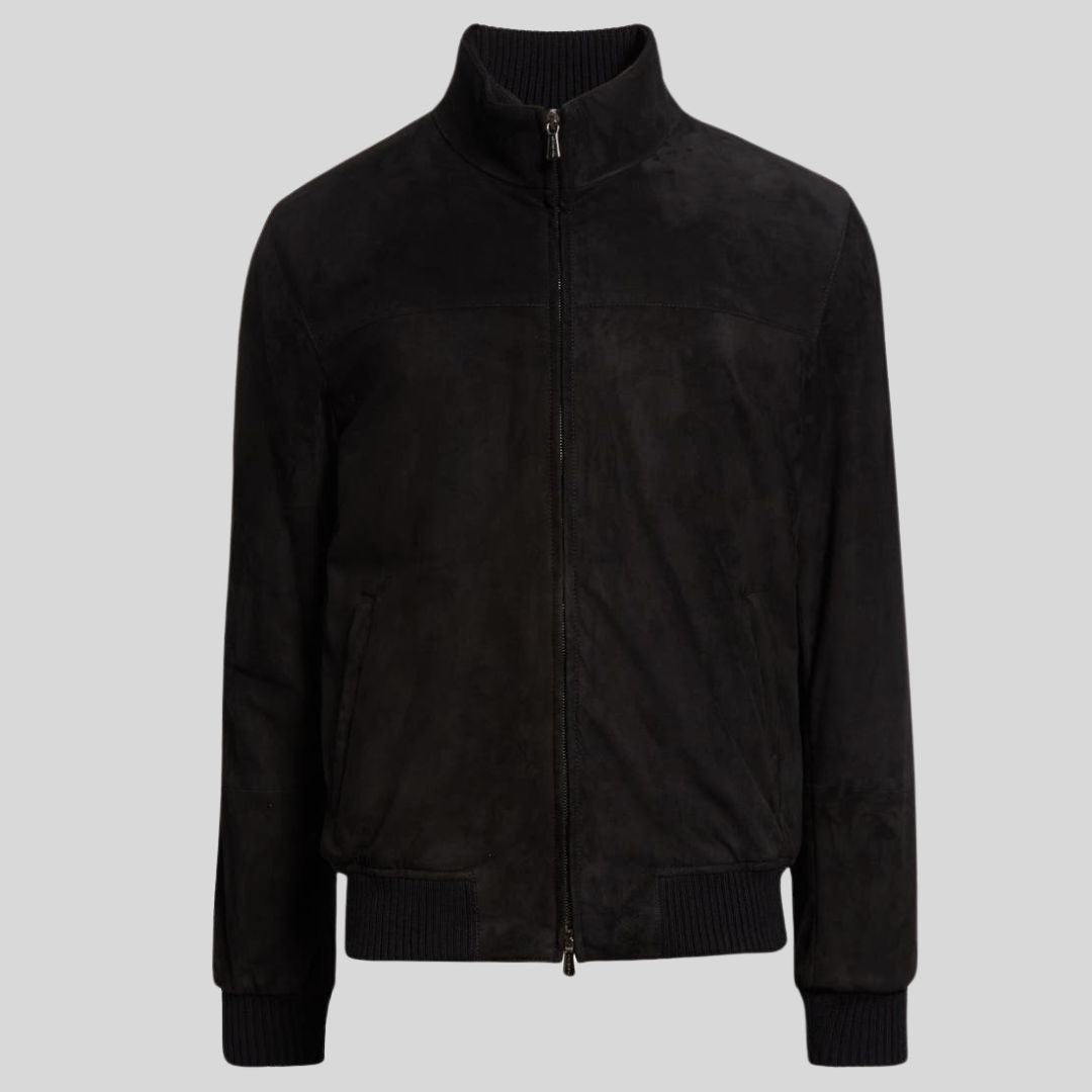 Atlas Veste En Daim Noir Homme à Col Montant Zippé