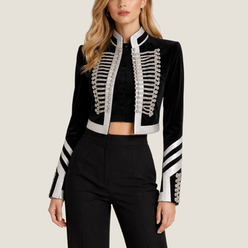 Veste Militaire Femme Velours Noir – Coupe Courte Broderie Argent
