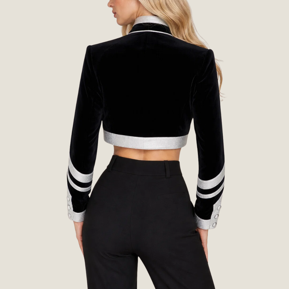 Veste Militaire Femme Velours Noir – Coupe Courte Broderie Argent