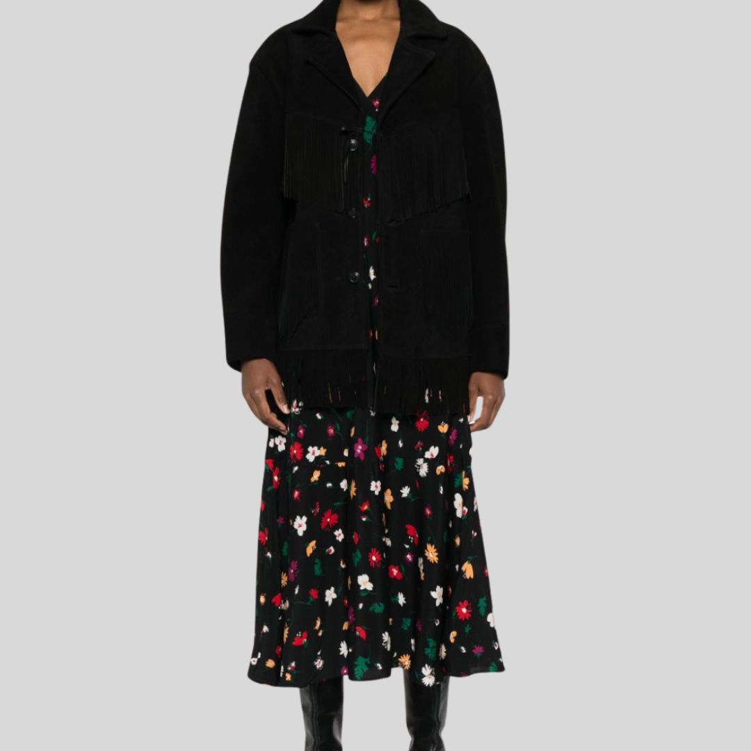 Eclipse Noire – Veste Western Noire à Franges en Daim Femme