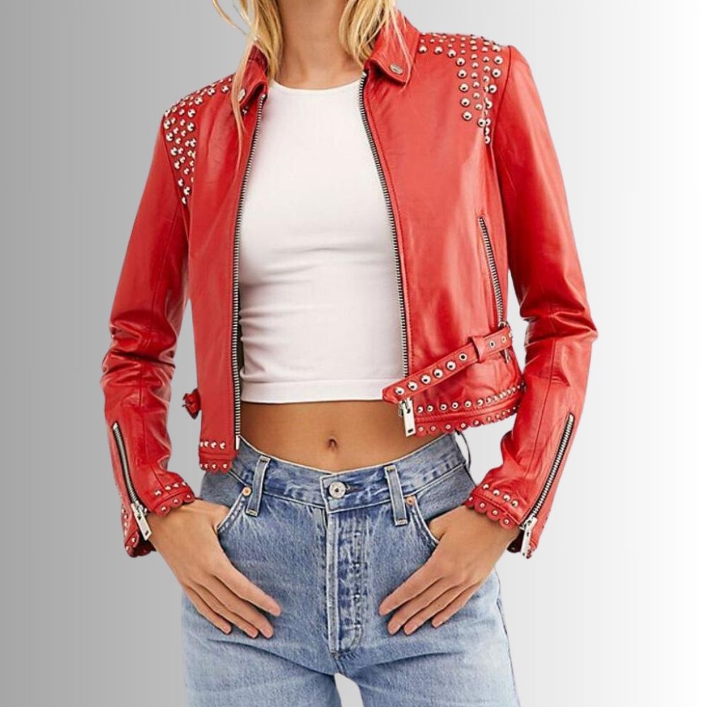 Veste Cuir Rouge Femme - Style Clouté