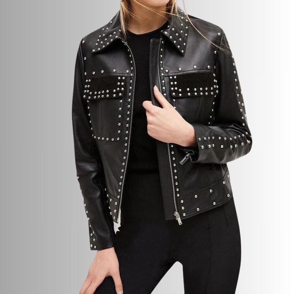 Veste Cuir Cloutée Femme - Noir