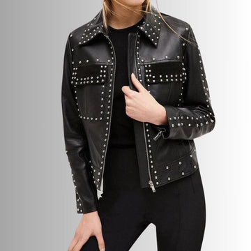 Veste Cuir Cloutée Femme - Noir