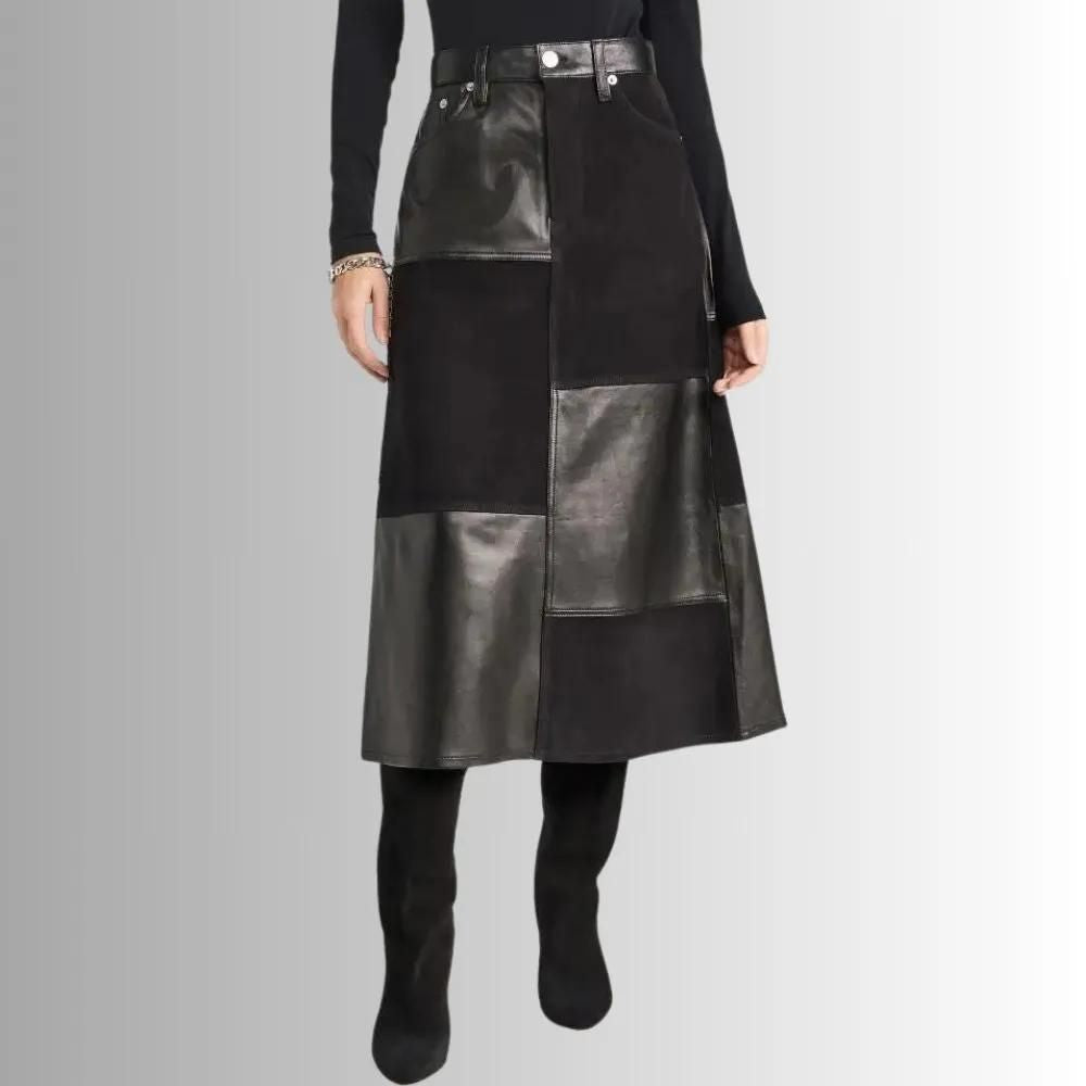 Jupe En Cuir Et Daim Longue Pour Femme - Style De Patch