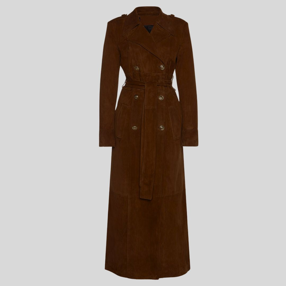 Majestic Drape – Manteau Long en Daim Marron Foncé à Ceinture
