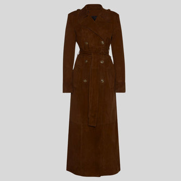 Majestic Drape – Manteau Long en Daim Marron Foncé à Ceinture