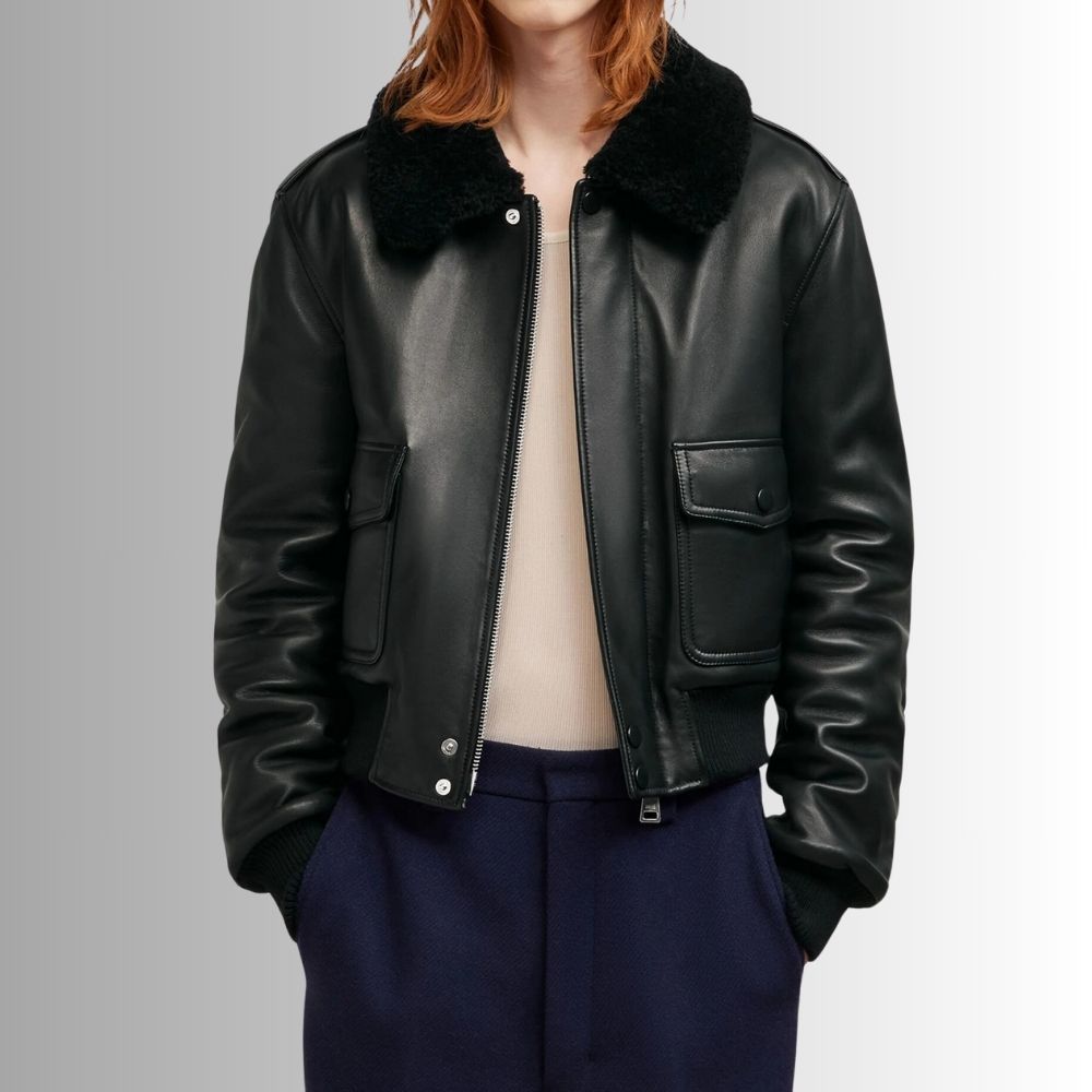 Veste Homme en Cuir Noir avec Col Fourrure - Style Aviateur