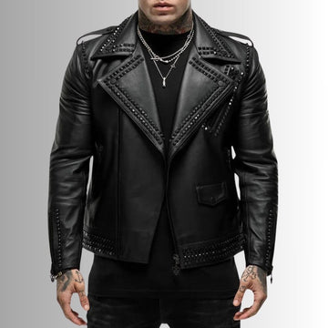 Rock Élite – Veste cuir cloutée homme – Biker noir en agneau véritable