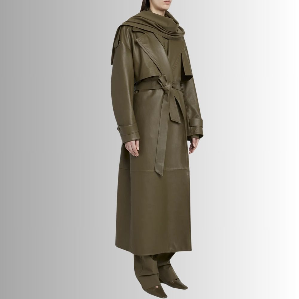 Manteau Cuir Vert Olive Femme - Longue Veste Ceinturée Élégante | French Veste