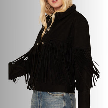 Veste En Daim Noir Femme - Style Frange