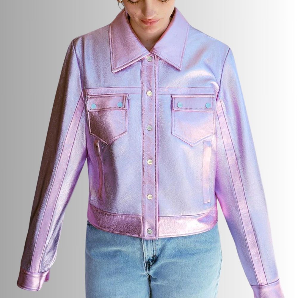 Veste En Cuir Rose Femme - Finition Métallique