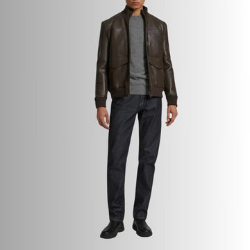 Veste Cuir Marron Homme – Col Tricoté – Moderne à Zip Avant
