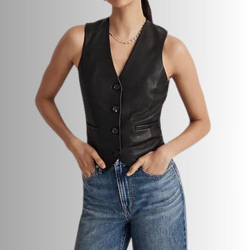 Veste Cuir Sans Manche Femme - Noir