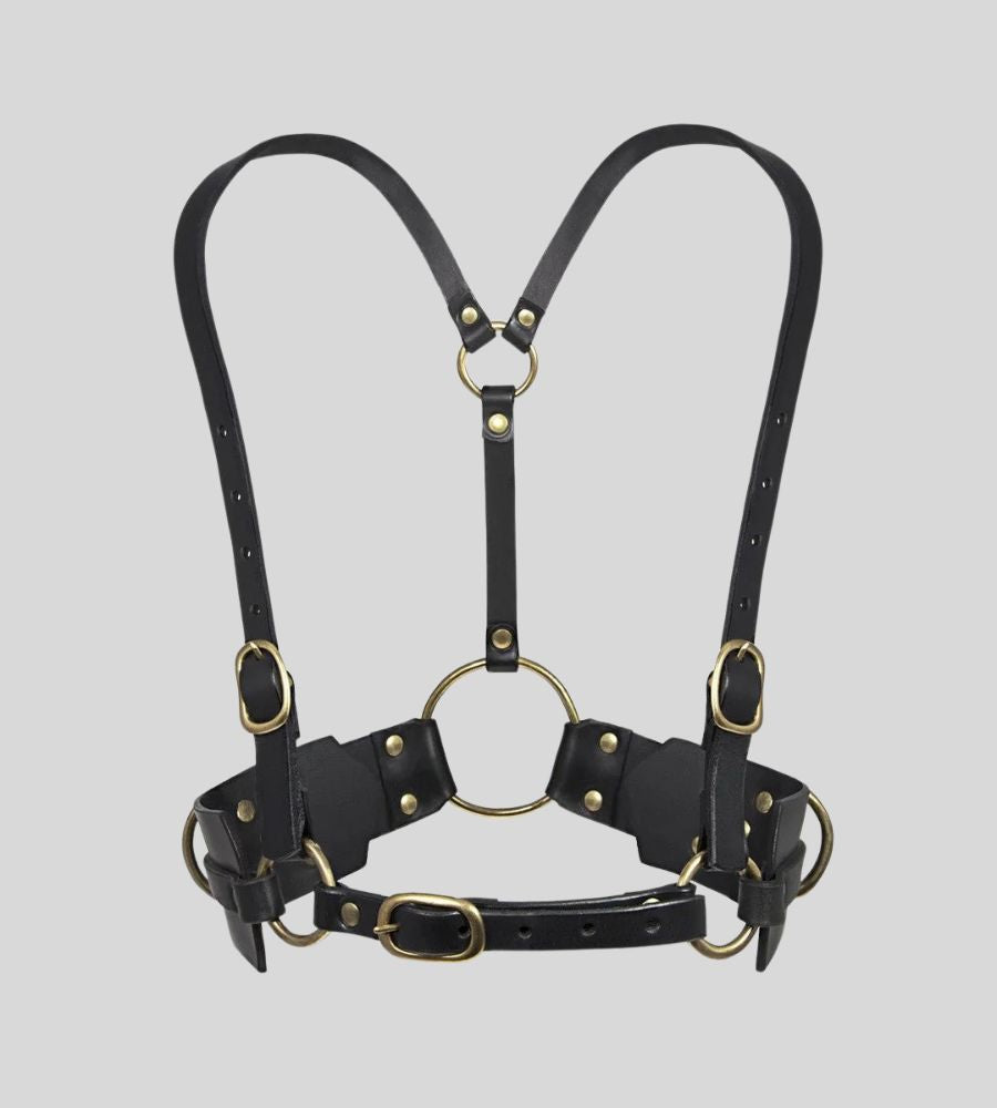 Harnais Cuir Noir Femme – Anneaux Dorés &amp; Bretelles réglables