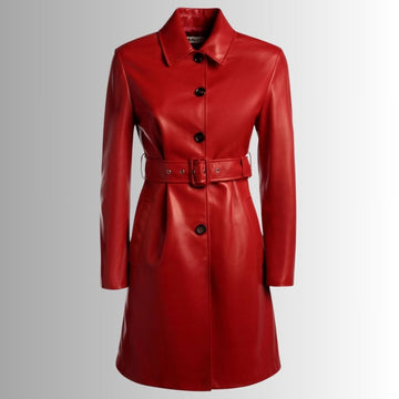 Manteau Cuir Rouge Femme - Style Classique avec Ceinture | FRENCH VESTE