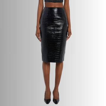 Jupe Cuir Noir Femme - Croco En Relief