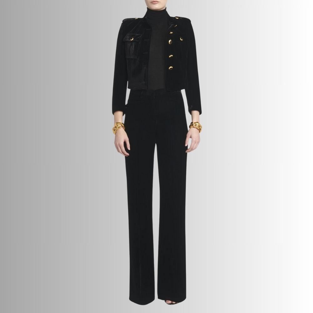Veste Femme Velours Noir avec Fermeture à Boutons – Design Élégant à Col Montant