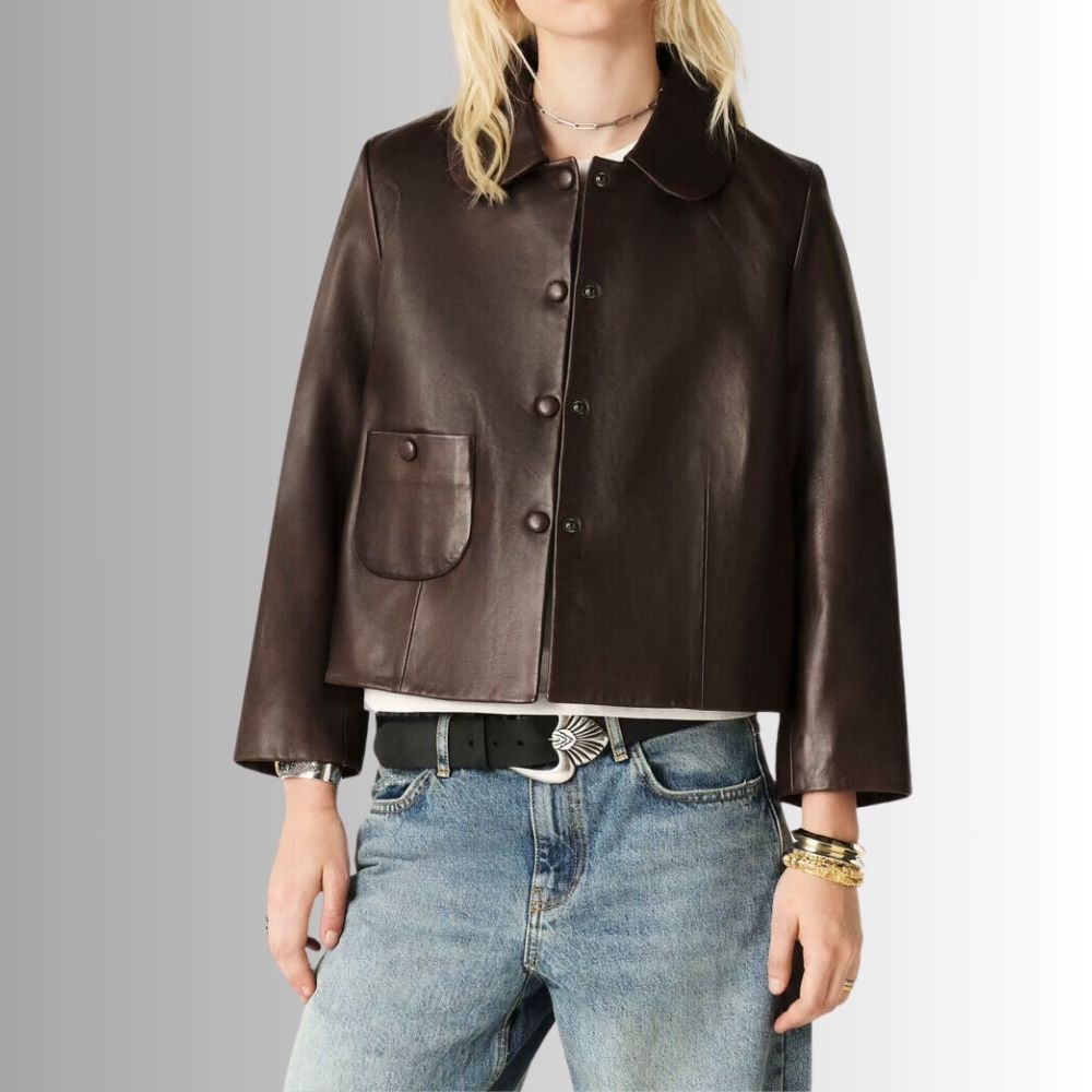 Veste Cuir Femme Marron Foncé - Col Peter Pan