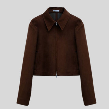 Raven Mocha – Veste Daim Marron Foncé Femme Courte à Fermeture Zippée