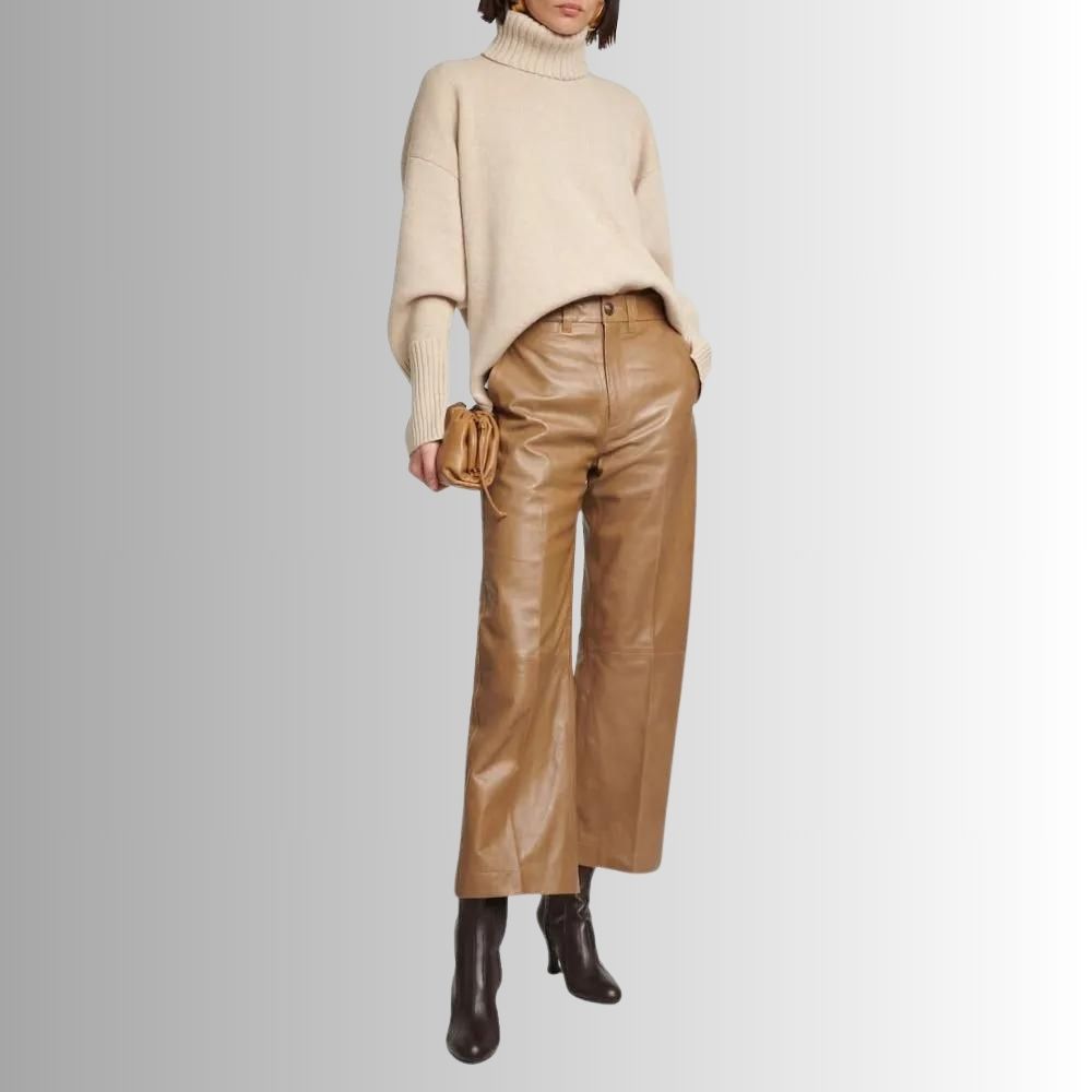 Pantalon En Cuir Marron Femme - Jambe Large