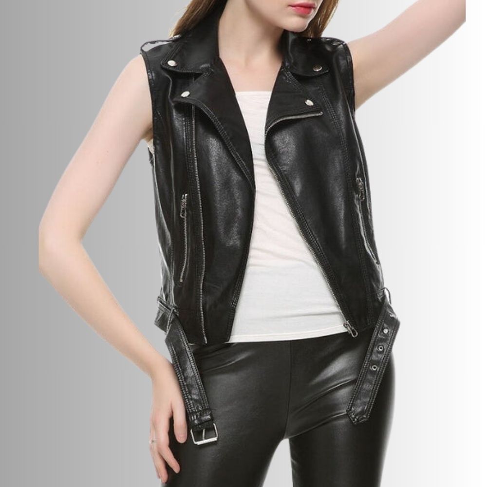 Gilet en cuir femme biker - Noir