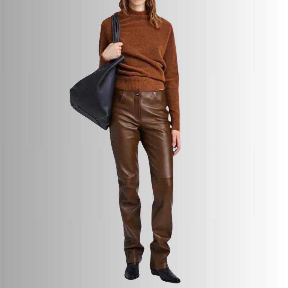 Pantalon Cuir Femme Marron - Coupe Régulière