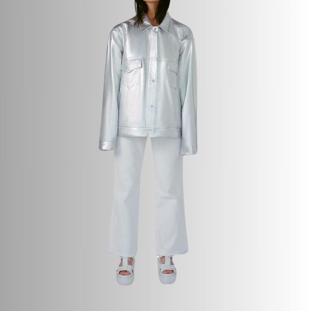 Veste En Cuir Femme Argenté - Style Surdimensionné - Finition Métallique