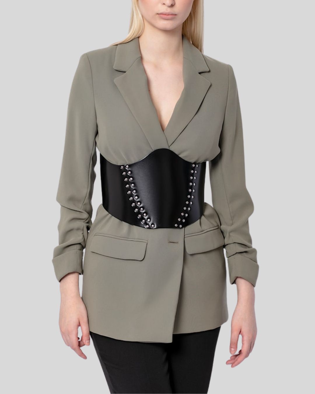 Ceinture Corset en Cuir Véritable Noir Femme avec Clous Métalliques