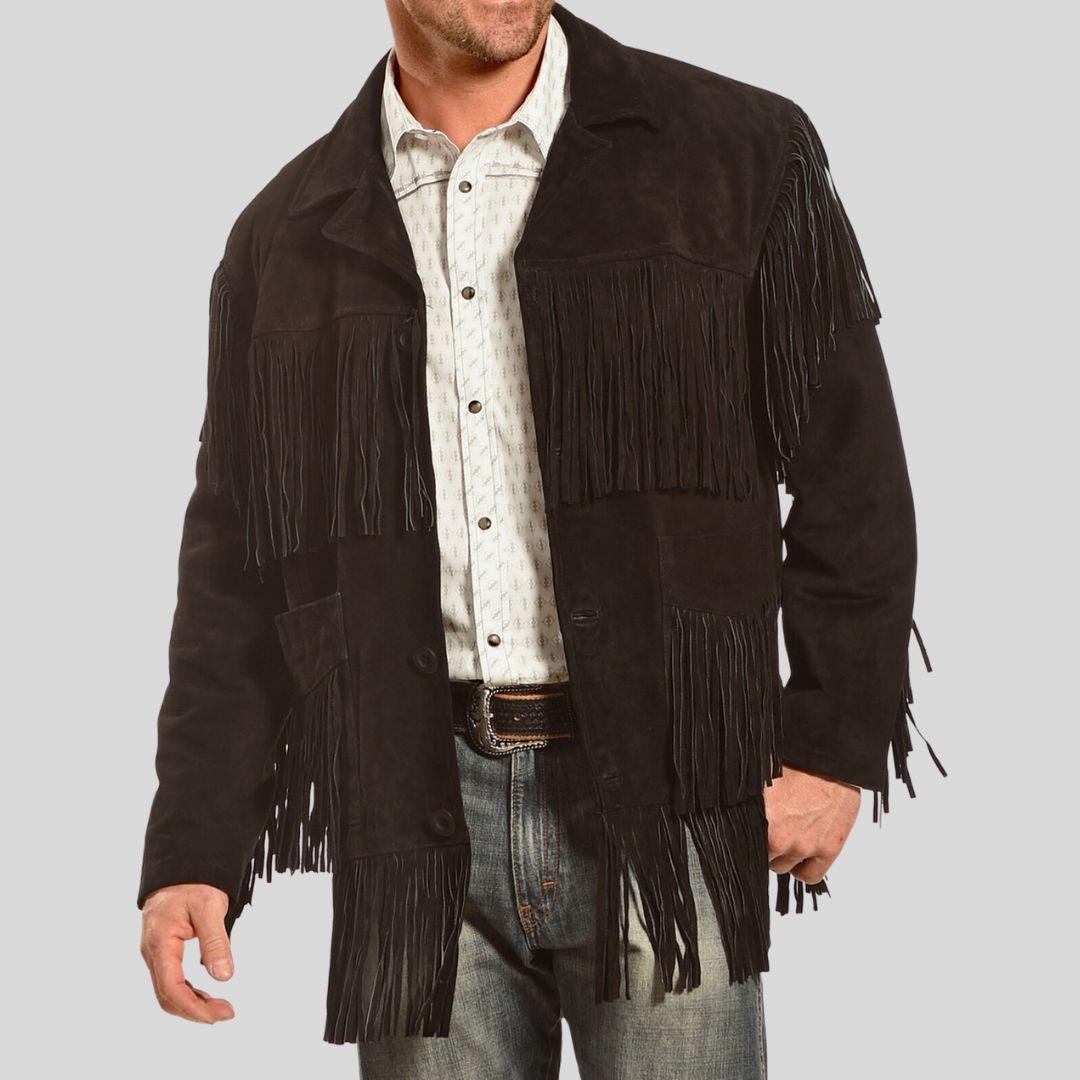 Shadow Ranch – Veste Daim Noir Western Pour Hommes avec Franges