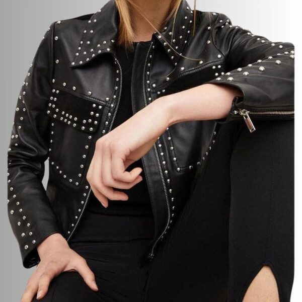 Veste Cuir Cloutée Femme - Noir