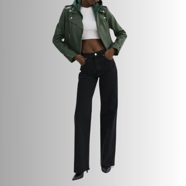 Blouson En Cuir Cert à Capuche Amovible Pour Femme