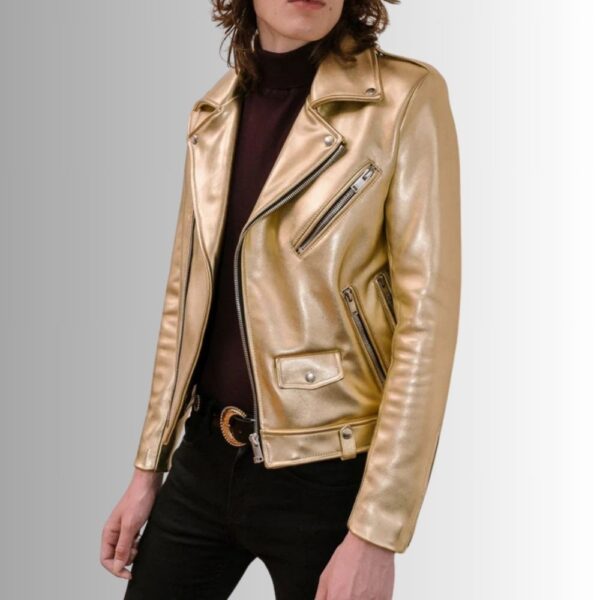 Blouson cuir doré homme – Biker métallisé agneau luxe