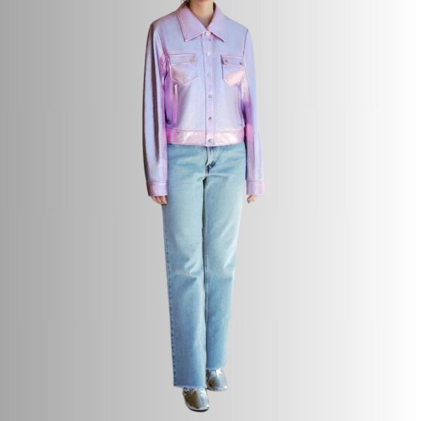 Veste En Cuir Rose Femme - Finition Métallique