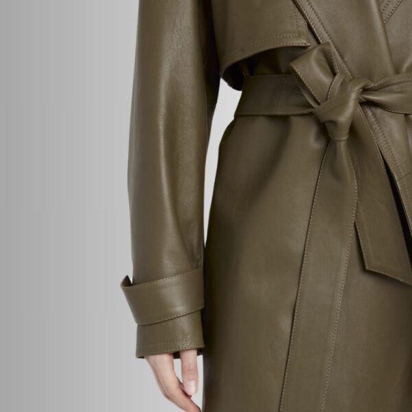 Manteau Cuir Vert Olive Femme - Longue Veste Ceinturée Élégante | French Veste
