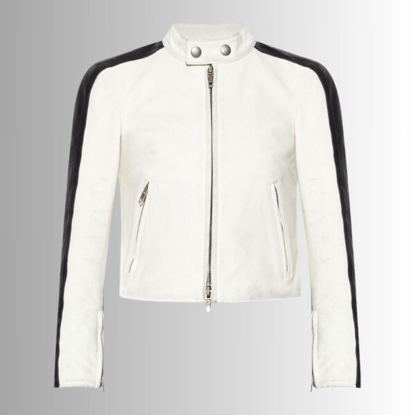 Veste Moto Femme Cuir Blanc et Noir Bicolore en Agneau avec Col Montant