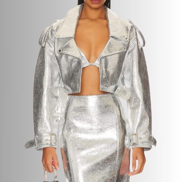 Veste Courte En Cuir Pour Femme - Argent