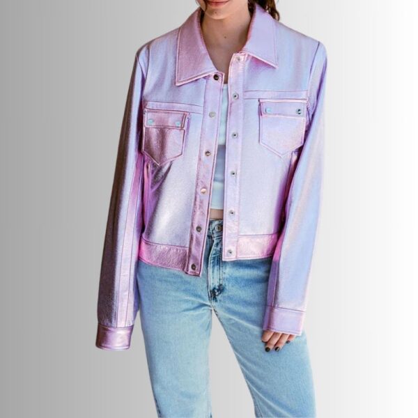 Veste En Cuir Rose Femme - Finition Métallique