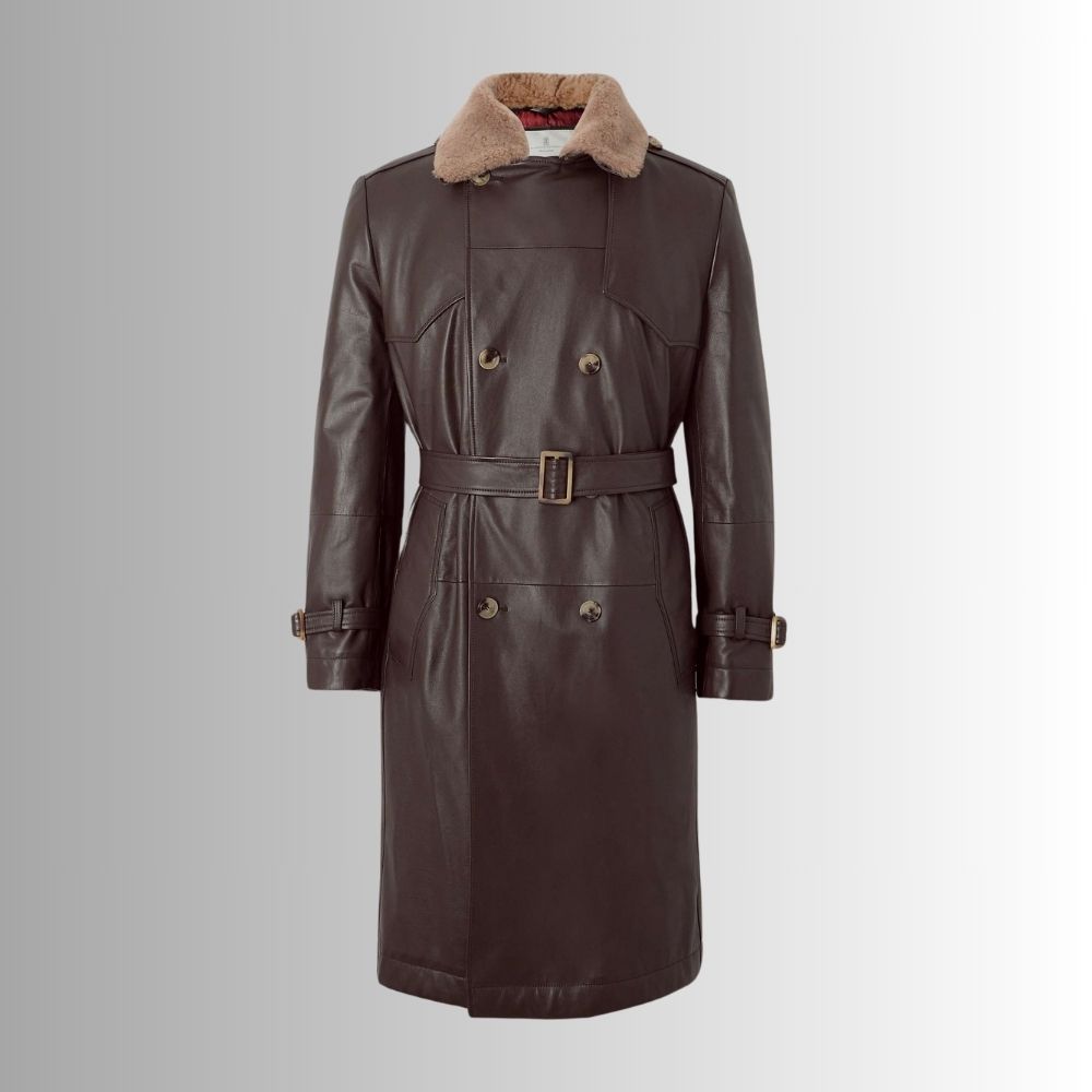Manteau En Cuir Avec Fourrure Homme en Cuir Marron et Shearling Brun Clair
