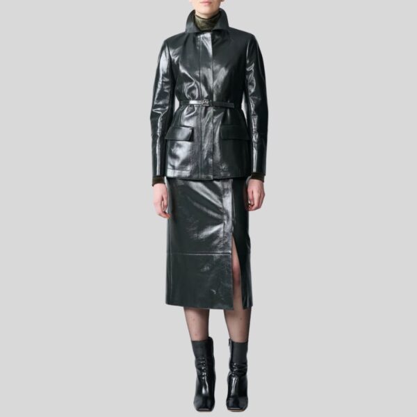 Manteau 3/4 Ceinturé en Cuir Nappa Noir pour Femme avec Col Chemise