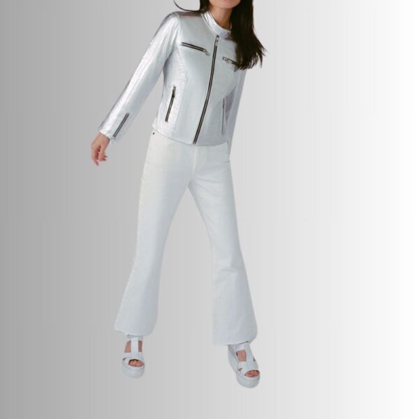 Veste En Cuir Argenté Femme - Finition Métallique