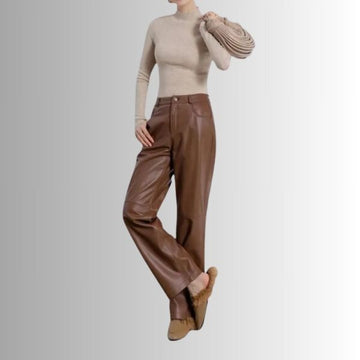 Pantalon Cuir Marron Femme - Coupe Droite