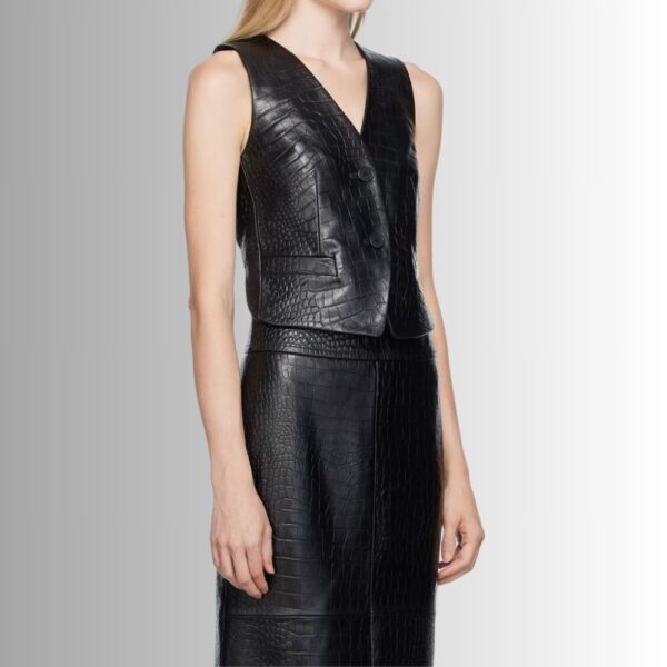 Veste Cuir Femme Sans Manche - Noir-Gaufré