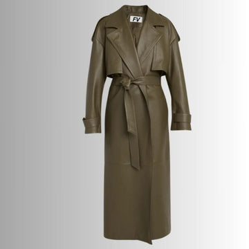 Manteau Cuir Vert Olive Femme - Longue Veste Ceinturée Élégante | French Veste