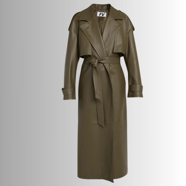 Manteau Cuir Vert Olive Femme - Longue Veste Ceinturée Élégante | French Veste