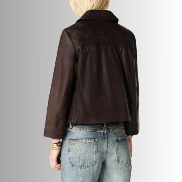 Veste Cuir Femme Marron Foncé - Col Peter Pan