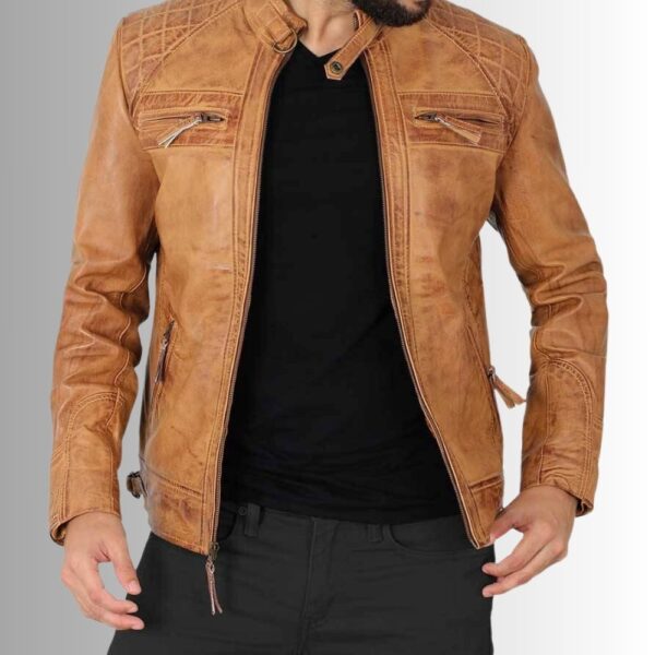 Camel Rider – Veste cuir camel homme matelassée – Style motard vintage