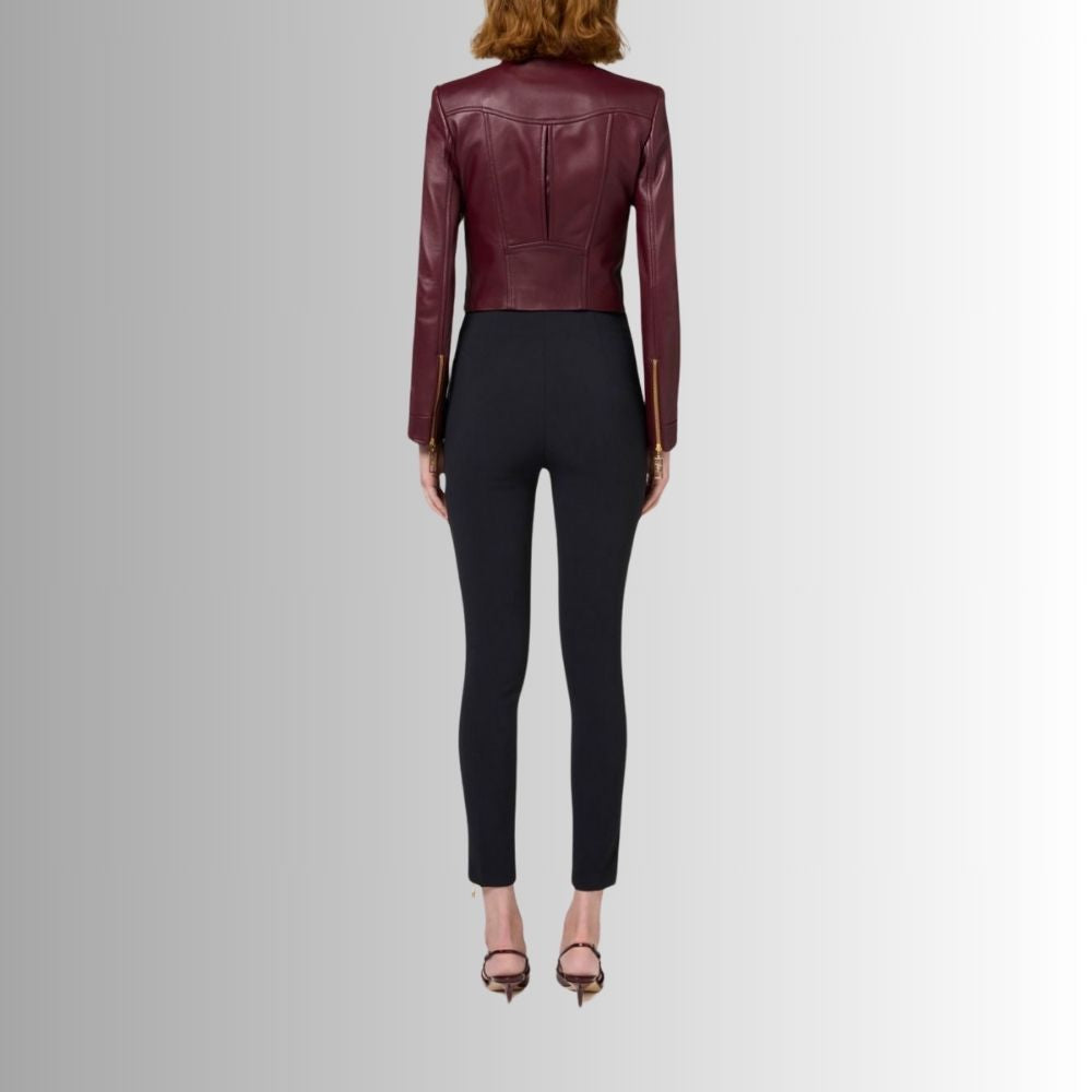 Veste Cuir Femme Bourgogne en Agneau avec Col Montant et Détails Zip