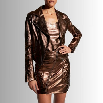Veste Cuir Métallisé Femme - Style moto